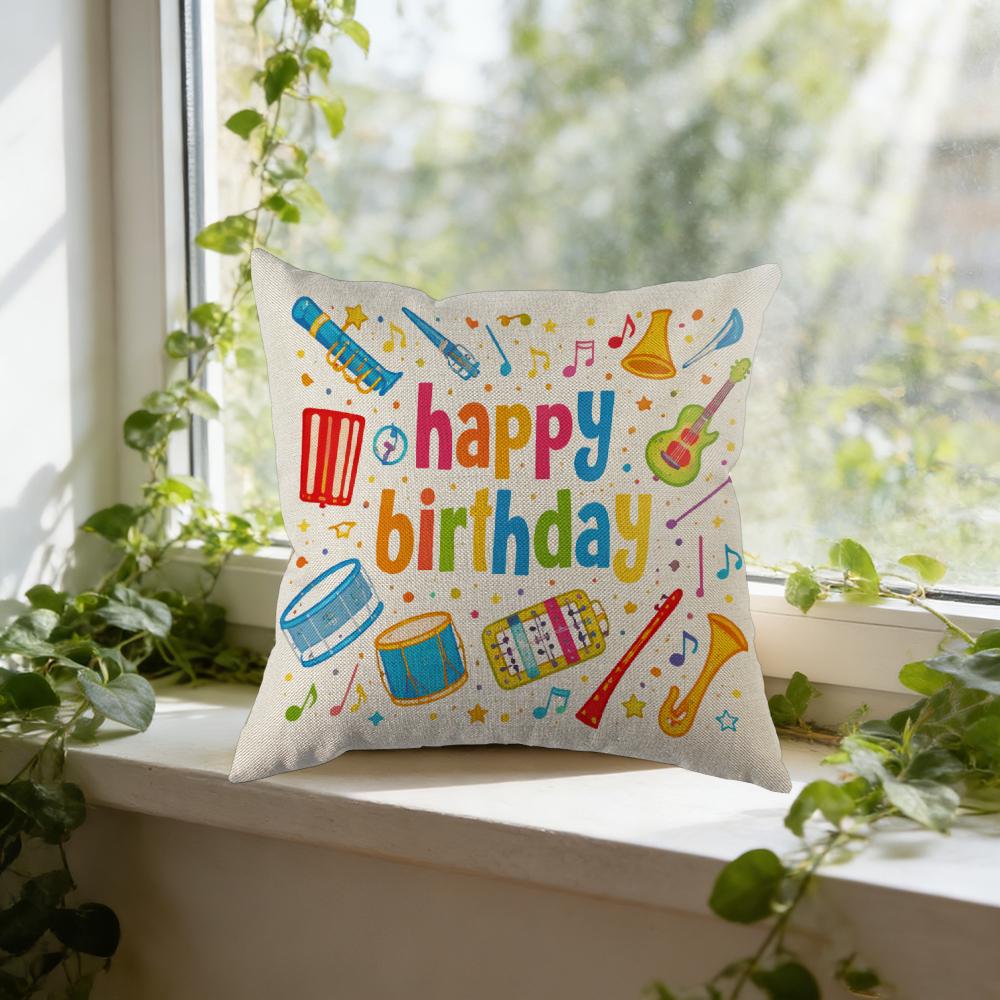 Музыкальная Подушка-Плед на День Рождения Белая С Надписью Happy Birthday С Принтом Инструментов и Нотами Для Детской Комнаты Декор Подарок в Спальню