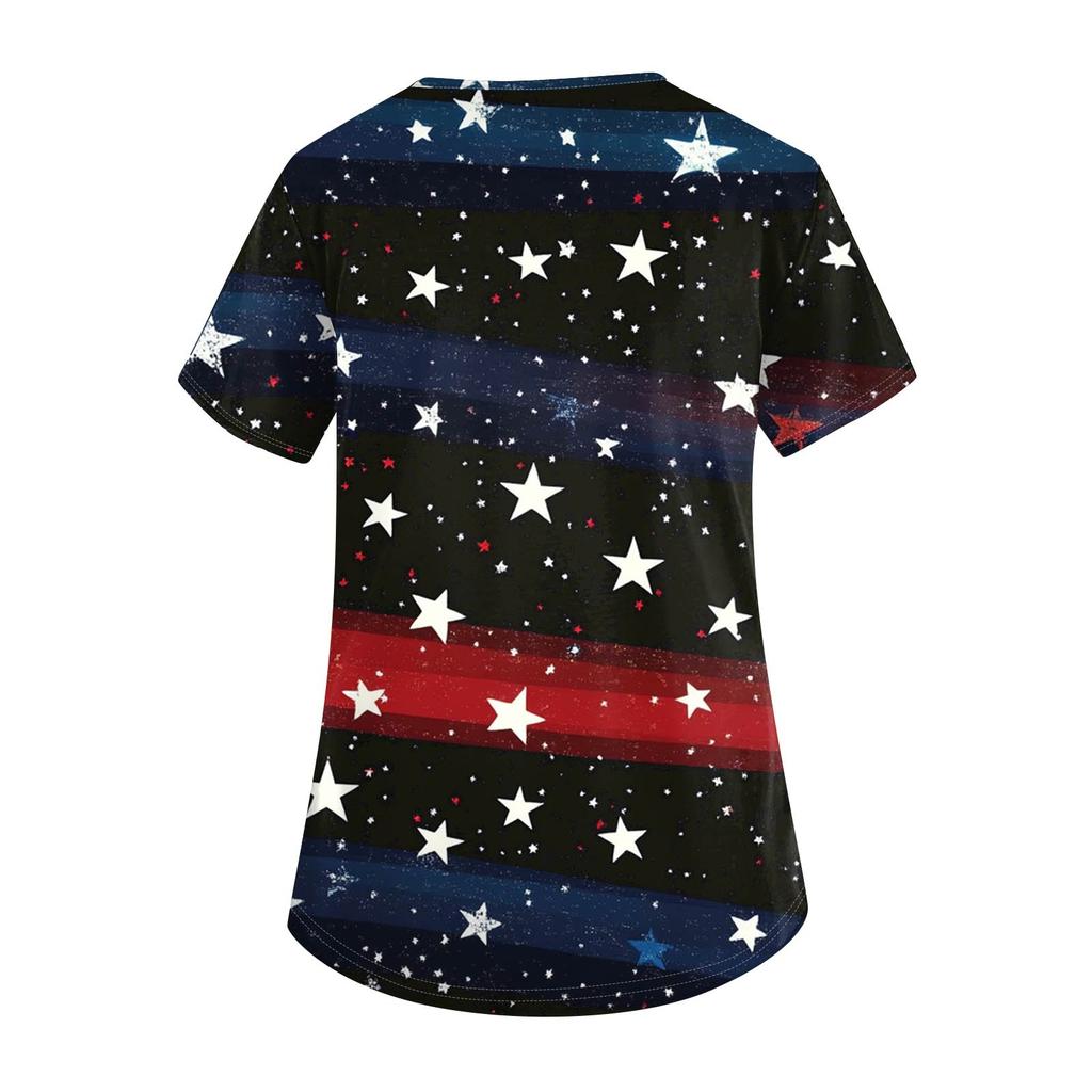 Women's Short Sleeve Independence Day Printed V-Neck Pocket Workwear Top