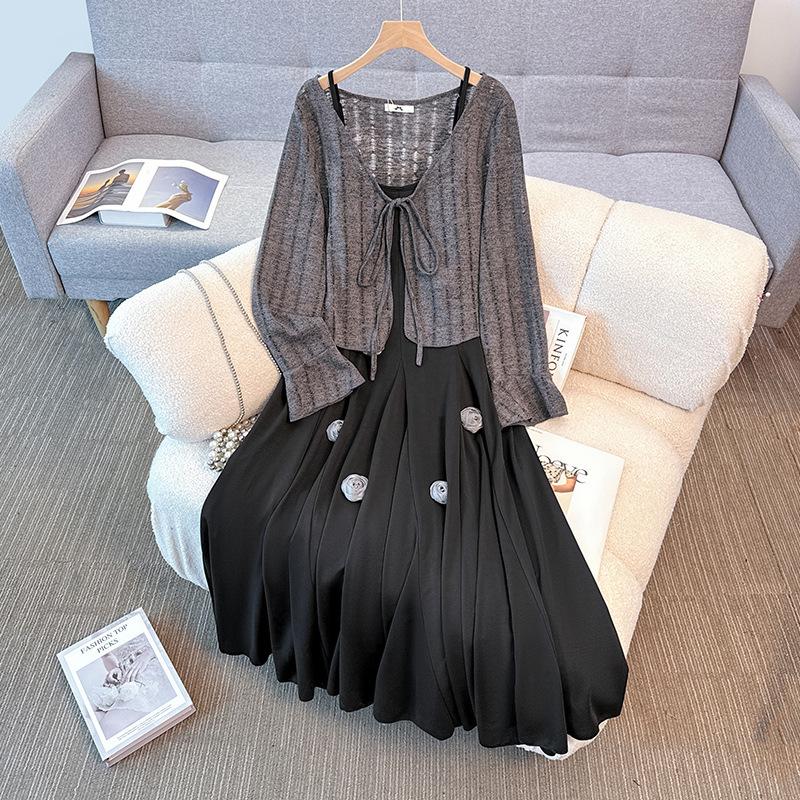 Женское платье большого размера с ретро-платьем-халтером и маленьким кардиганом в комплекте для весны и осени