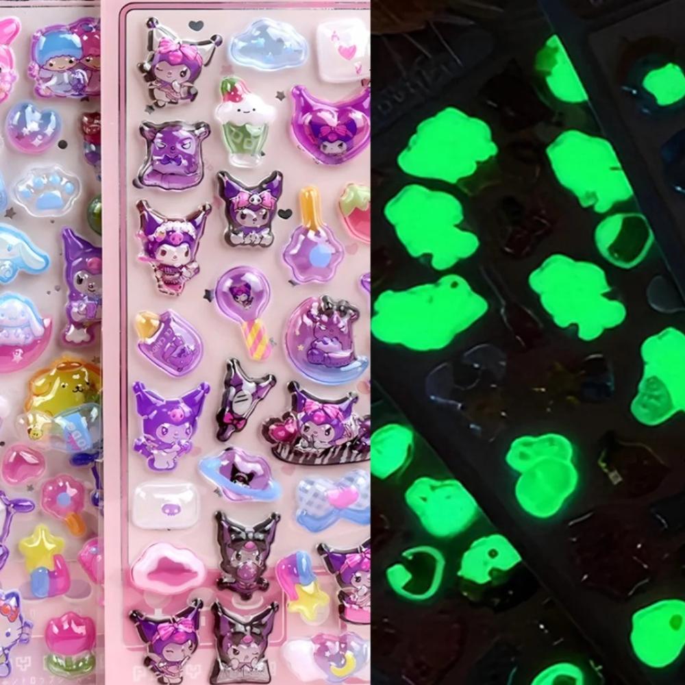 Светящиеся милые 3D рельефные наклейки Sanrio Кавайные для девочек Куроми Циннаморолл Моя Мелоди Хрустальные наклейки Наборы наклеек для детского декора