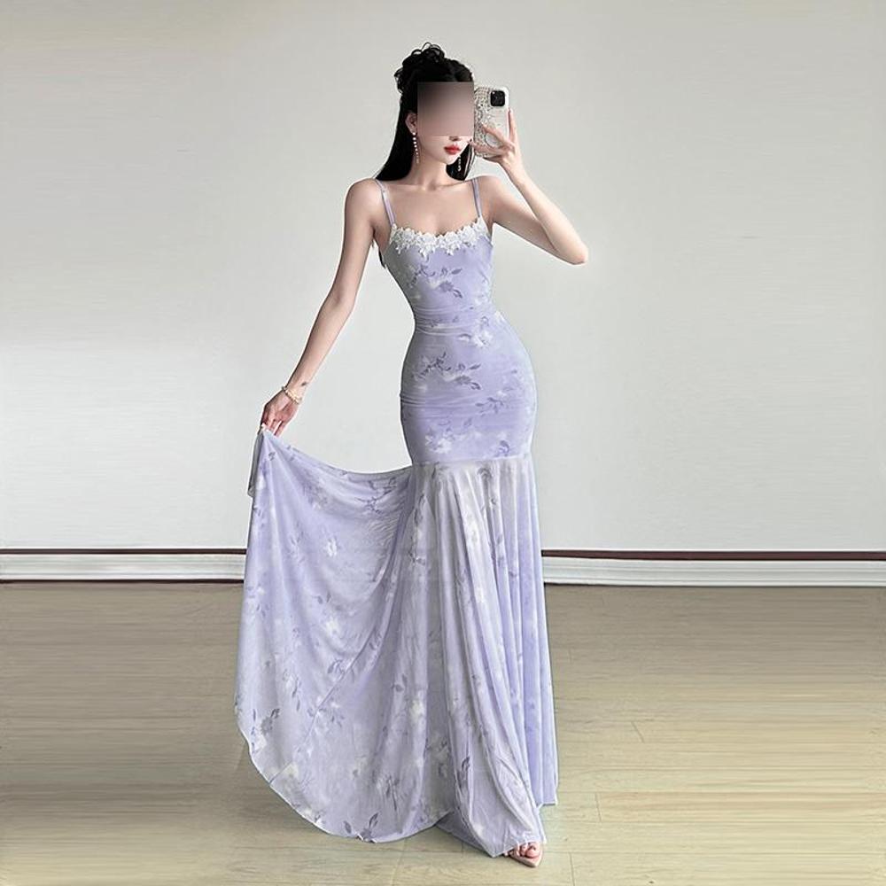 Синее сетчатое платье-сарафан с цветочным принтом, женское летнее пляжное платье для отпуска на море, облегающее бедра, с длинной юбкой «рыбий хвост»