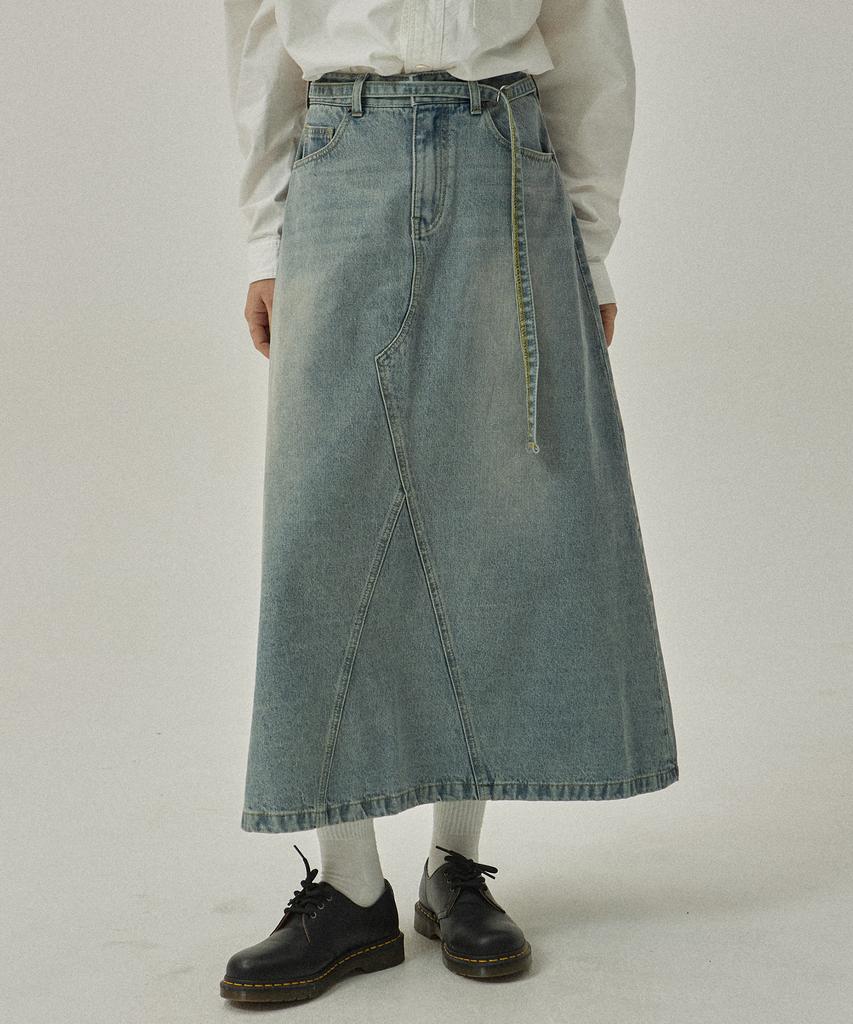 Mc Wood Gun Lon As 7996 Belted Fadewash Light Indigo Denim Long Skirt