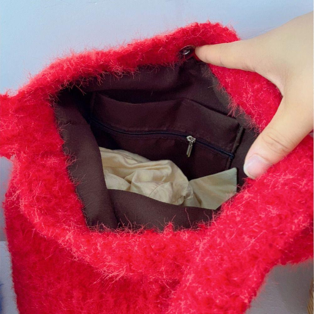 Cute Wool Tote Bag Sweet Shoulder Bag Portable Plush Bucket Bag Shopping