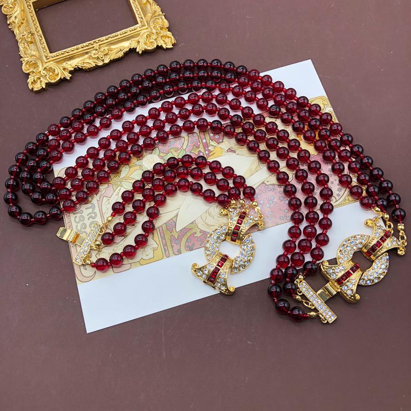 Винтажная многослойная цепочка для свитера из гранатово-красных стеклянных бусин и ожерелье-браслет со стразами