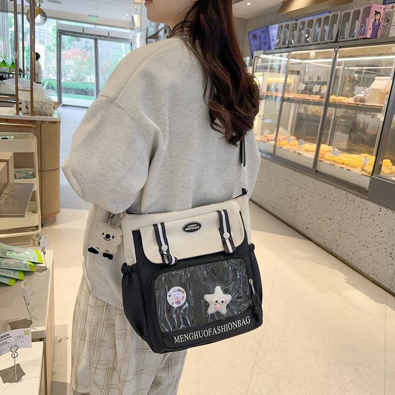 Student's Large Capacity Tutoring Bag Women's Contrast Color Stitching Shoulder Bag Crossbody Bag
