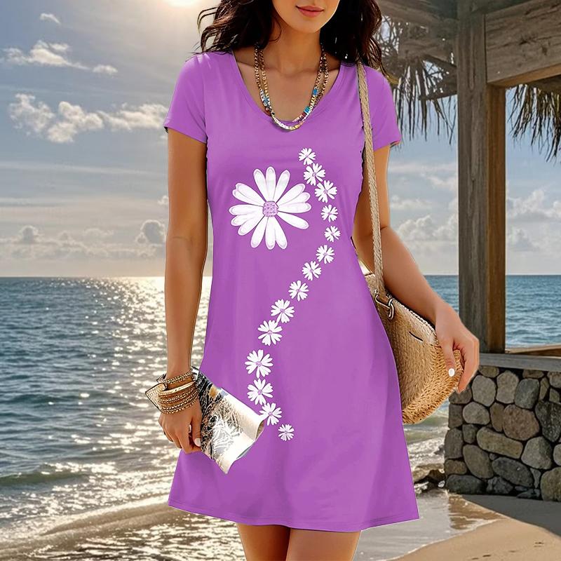Модное женское свободное платье-трапеция с цветочным принтом и коротким рукавом с круглым вырезом и принтом листьев