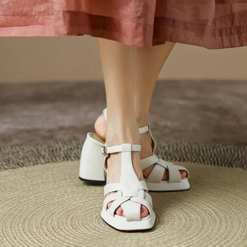 Новые толстые каблуки Romen сандалии женские туфли на высоком каблуке из кожи ретро плетение полая платформа женские туфли в британском стиле