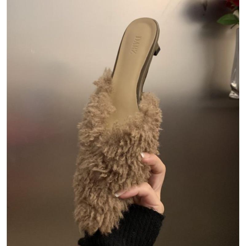 Роскошные мюли на низком каблуке с мехом, женские, розовые, сексуальные тапочки, женские туфли-лодочки с острым носком на шпильке, плюшевые сандалии, зимняя обувь для вечеринок