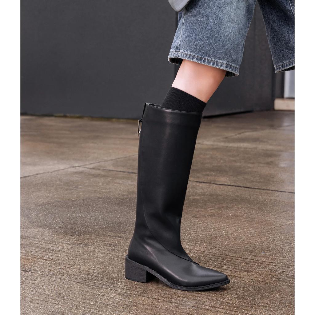 Fashion 2024 Winter Women Boots Pointed Toe Knee-high Boots Women Shoes Slip-on Modern Ladies Shoes Retro Chelsea Western Boots