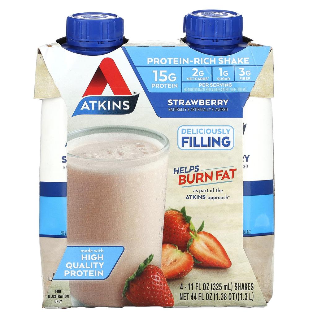 Atkins Protein-Rich Shakes, Strawberry Flavor, Pack of 4, 11 Fl Oz (325 Ml) Each