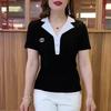 Топ с воротником-стойкой Летняя новинка Корейская версия Женская футболка с коротким рукавом Женский топ с декоративным лацканом