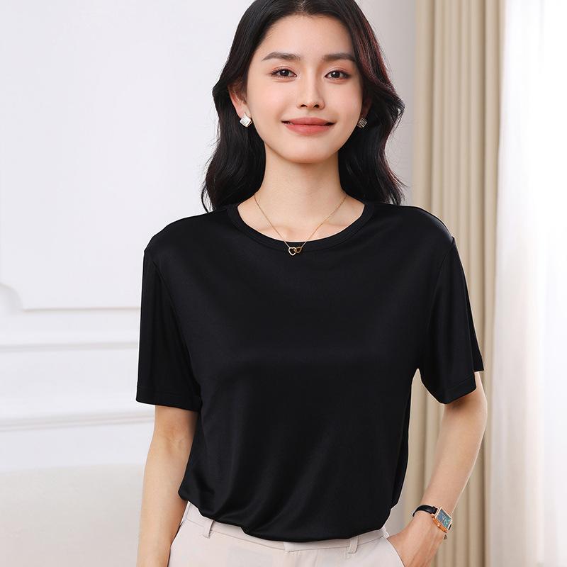 Round Neck Short Sleeve Womens Single Color Thin T-shirt V-neck Top Comfortable Fit T-shirt