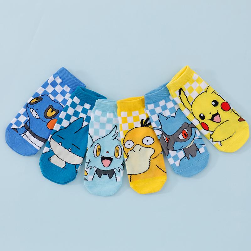 6 Pairs of Random Set New Japanese Cartoon Pocket Monster Pattern Men's Boat Socks Comfortable and Casual Couple Short Socks
