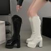 Модные женские сапоги Модные Удобные Черные Белые Сапоги до колена Мягкая кожа Массивный каблук Длинные сапоги Элегантные женские Ретро сапоги Botas Mujer