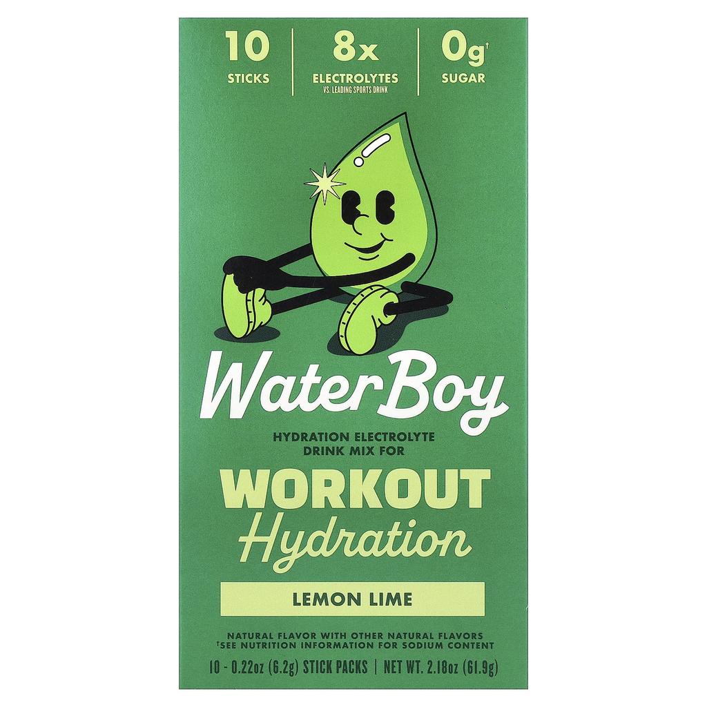 Waterboy, Hydration for Workouts, Electrolyte Drink Mix, Lemon Lime, 10 Stick Packs, 6.2g (0.22oz) Each