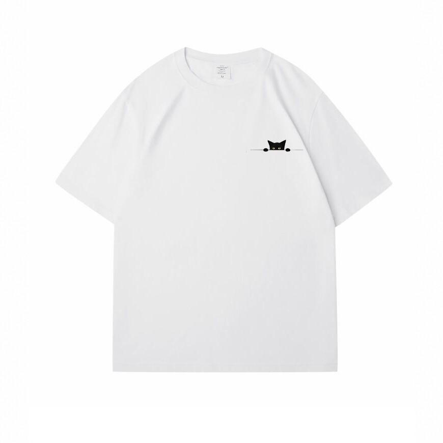 Summer new tops American trends peek kitten print loose round neck men and women couple cotton short-sleeved T-shirt