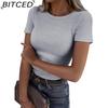 Женская приталенная базовая футболка с коротким рукавом, О-образным вырезом, в рубчик, эластичная, повседневная