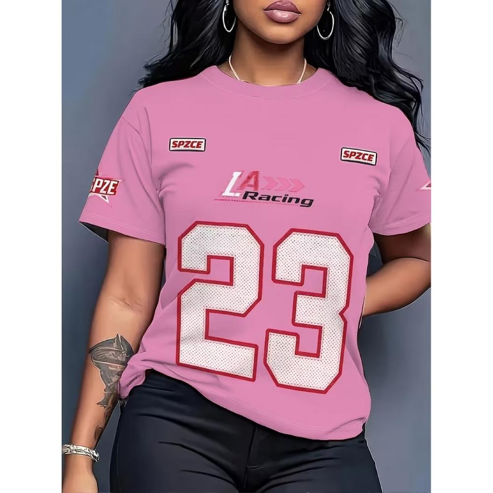 Pink racing trend, cool and sporty, perfect for summer women's casual round neck short-sleeved tops