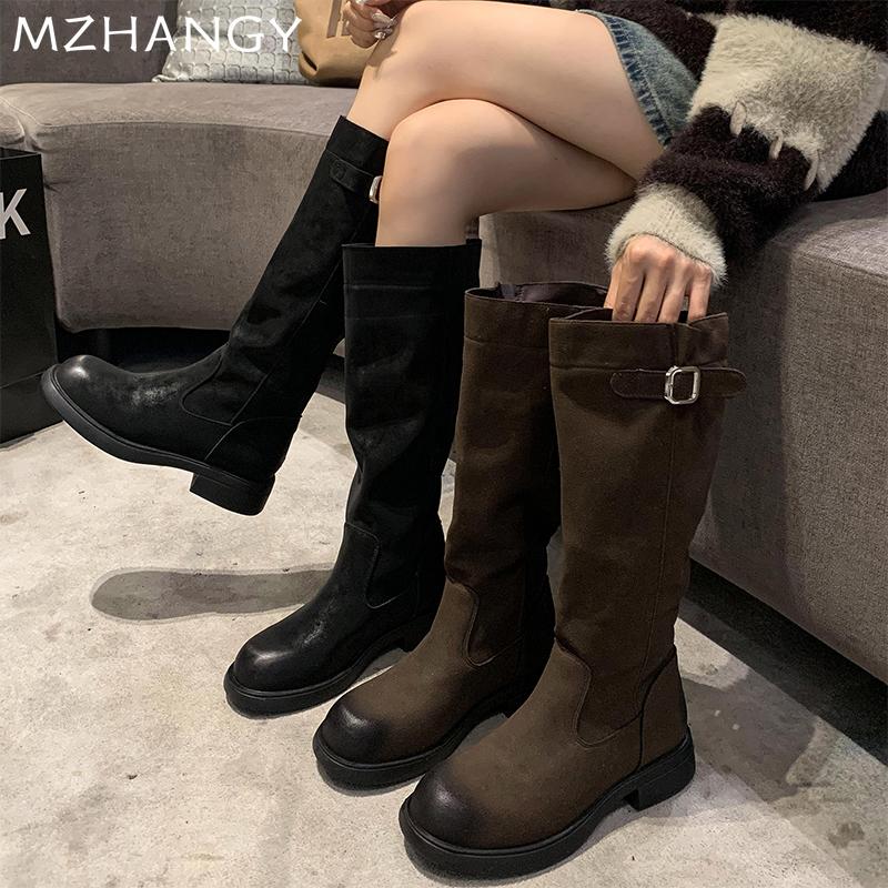 Женские замшевые высокие сапоги на плоской подошве, высокие сапоги до колена, женские зимние дизайнерские ретро-платья в готическом стиле, теплые мотоциклетные сапоги Mujer Botas