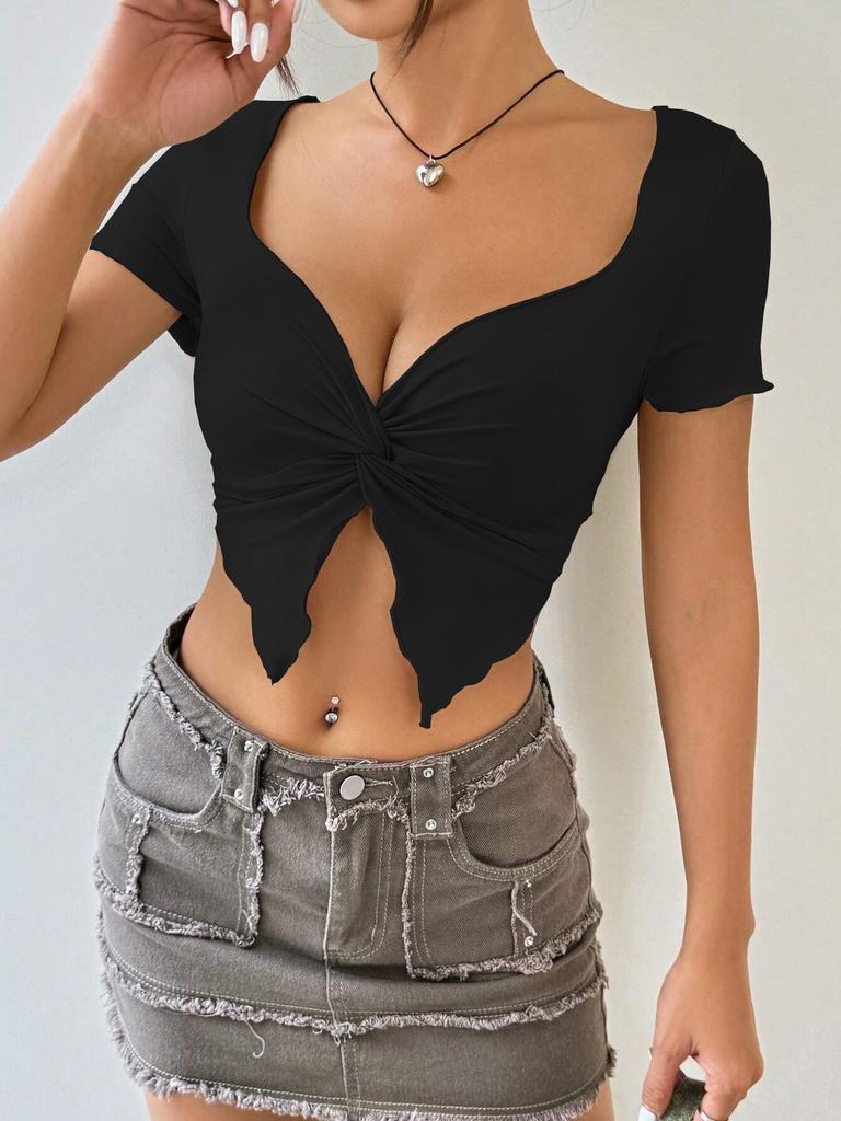 2026 Elegant Woman Sexy Hottie Design Chest Twist Ruffle Deep Solid Color V-Neck Short Top