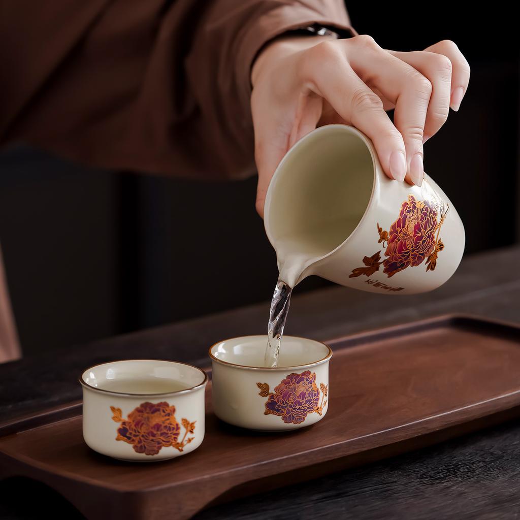 New Ceramic Color-changing Ru Kiln Tea Set, Flower Blooming Rich Cover Bowl, Teacup Fair Cup Set