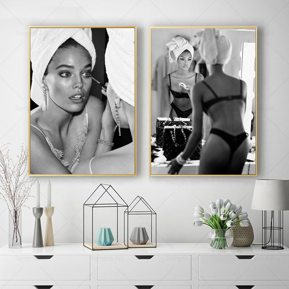 Модный сексуальный женский настенный художественный постер для девочек, макияж на холсте, черно-белая картина с принтом, дамская комната, ванная комната, домашний декор