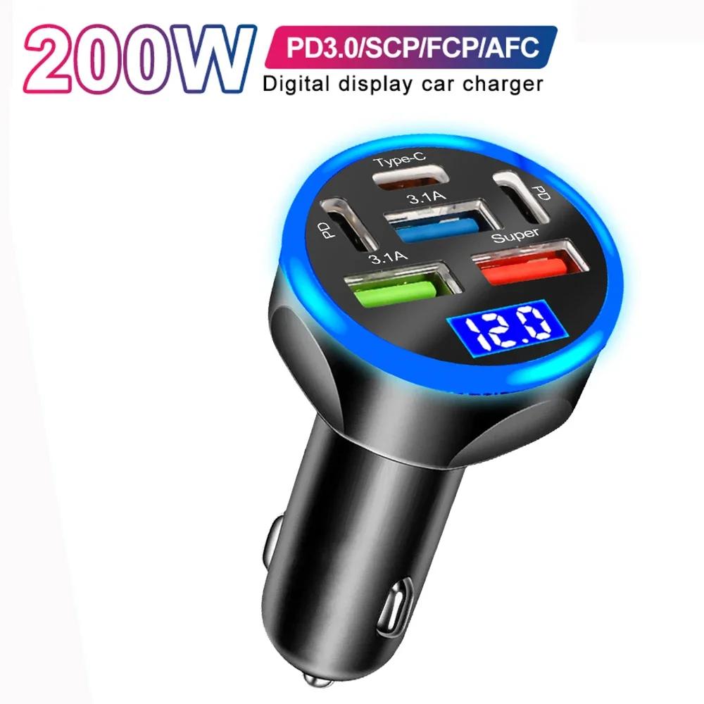 Автомобильное зарядное устройство на 5 портов со светодиодным дисплеем, быстрая зарядка QC3.0, порты USB PD 3.1A, универсальный автомобильный адаптер с контролем температуры