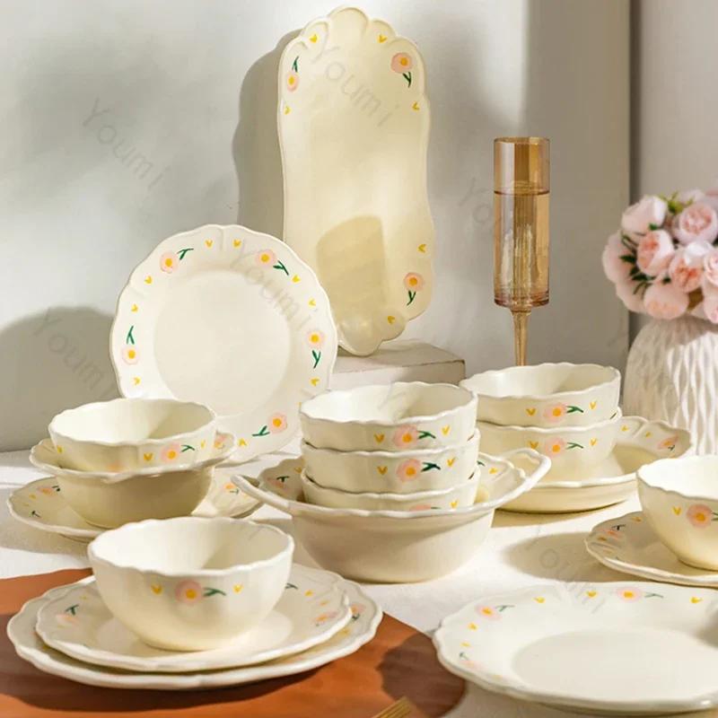 Ретро Цветочная Керамическая Тарелка Модная Креативная Вкусная Суповая Чаша Домашняя Послеобеденная Чашка Десерт Фруктовые Тарелки Изысканная Рыбная Тарелка