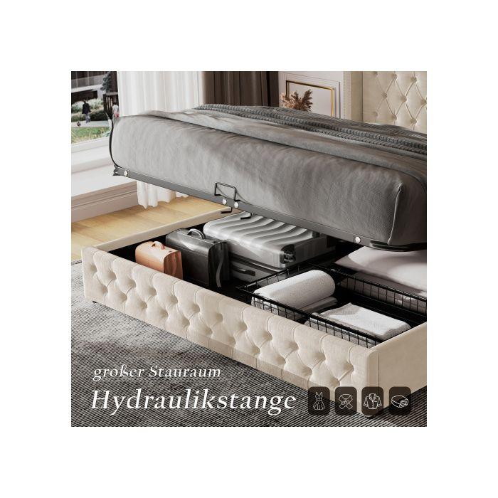 Lit rembourré - Rivets à double rangée - 160x200 cm - Beige - Fonction hydraulique de rangement