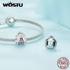 WOSTU 925 Sterling Silver Pink Enamel Ladybird Beads Pink Zircon Ladybug Charms for Women Bracelet and Bangle DIY Fine Jewelry