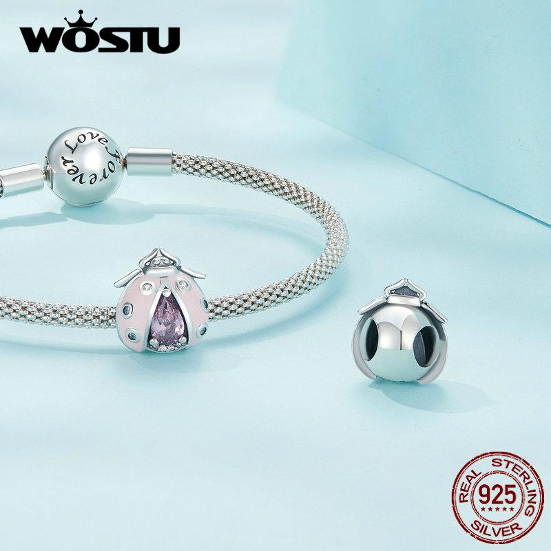 WOSTU 925 Sterling Silver Pink Enamel Ladybird Beads Pink Zircon Ladybug Charms for Women Bracelet and Bangle DIY Fine Jewelry