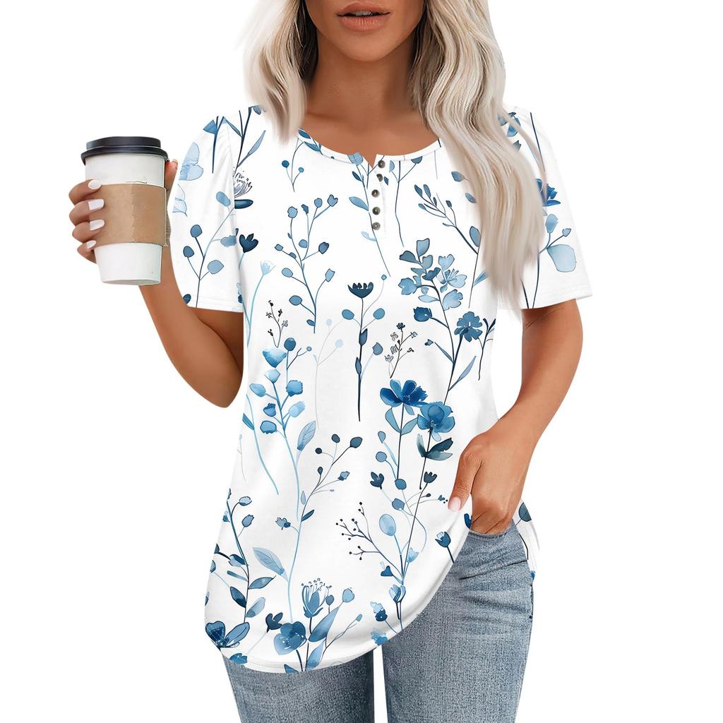 Женский модный повседневный короткий рукав пуловер с принтом на пуговицах и круглым вырезом