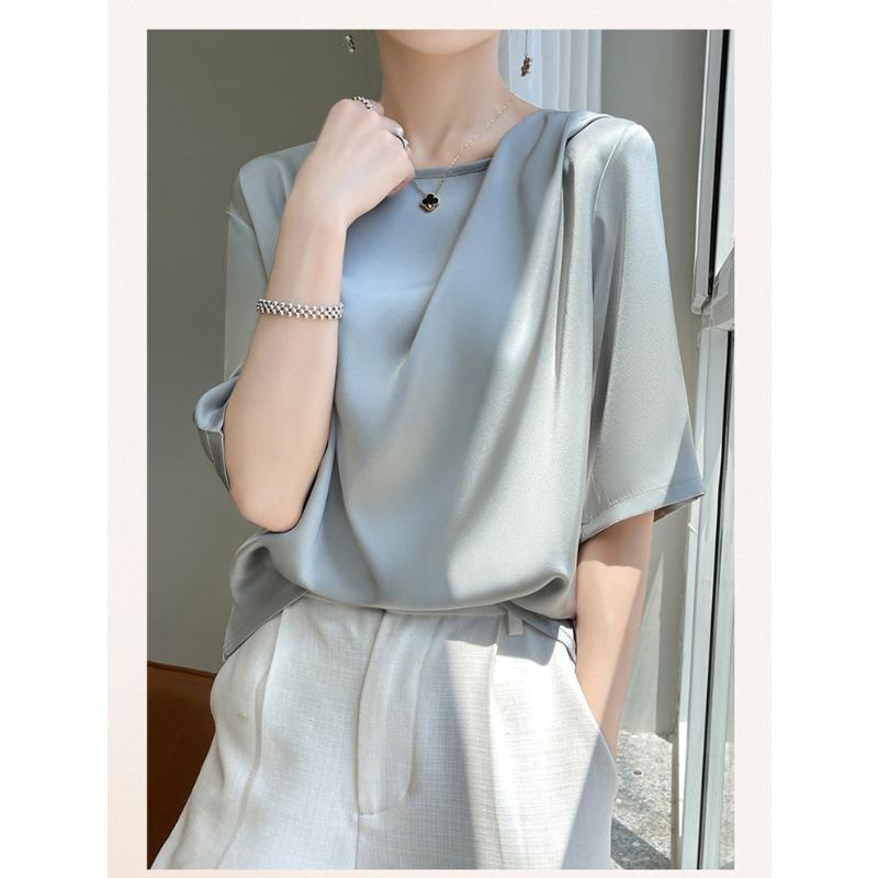 Шелковая футболка для женщин, летняя свободная футболка с круглым вырезом, короткие топы с короткими рукавами