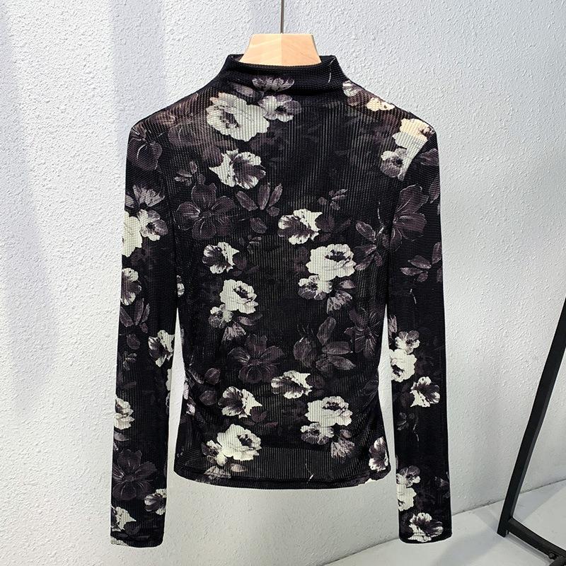 Semi-turtleneck Black Printed Mesh Top Women's Autumn and Winter New Women's Clothing with Bottoming Shirt Long-sleeved T-shirt
