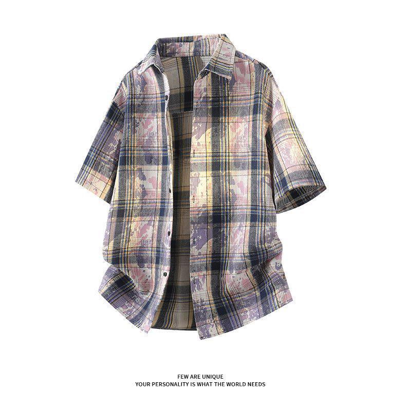 Мужская летняя рубашка с коротким рукавом в стиле тай-дай и color block - Свободный повседневный топ в гонконгском стиле
