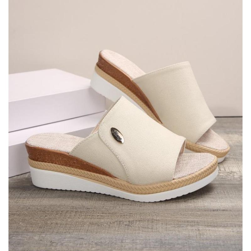 Мода Новая Мода Полосатые Платформенные Шлепанцы Женские Летние Холщовые Клиновые Сандалии Женские Большого Размера Нескользящие Повседневные Шлепанцы Zapatos Mujer