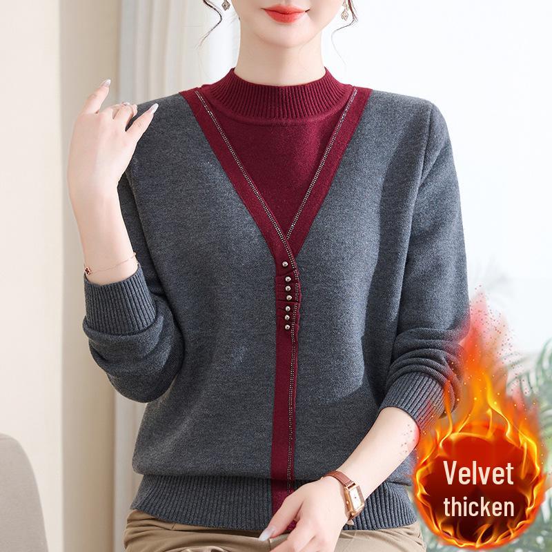 Mom's Red Fleece-Lined Winter Sweater - Perfect for New Year & Spring Festival for Middle-Aged and Elderly Women