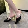 Модные женские тапочки Жемчужные черные сандалии Летне-осенняя обувь 2024 Уличные Тонкие высокие каблуки Девушка Остроносые туфли Модный темперамент
