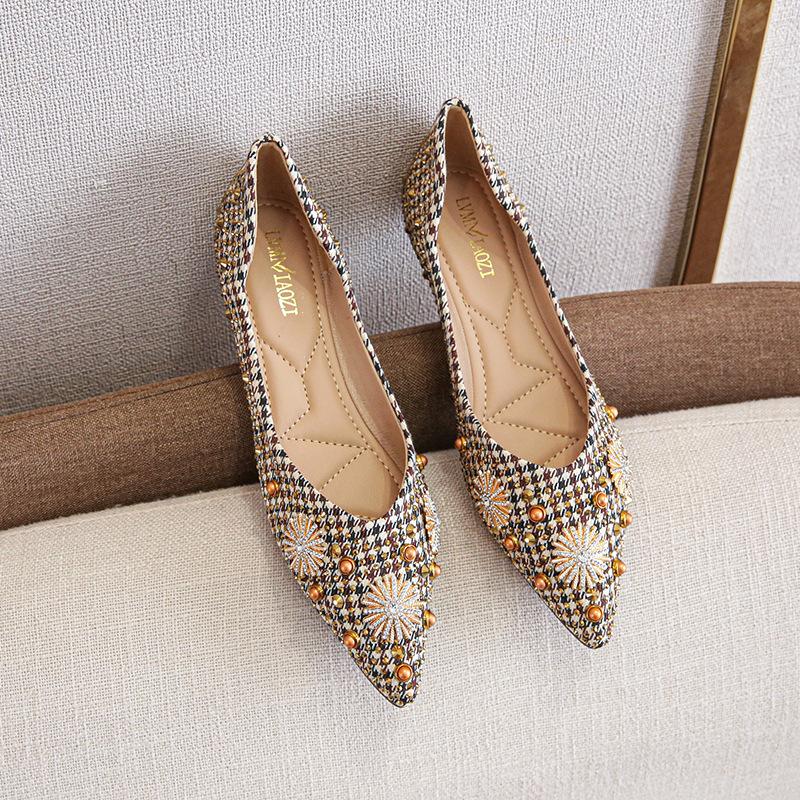 Women's Rhinestone Ballet Flats Fashion Pointed Toe Pearl Diamond Low Heel Dress Wedding Flats for Women Work Business Flat Shoes Casual Walking Shoes