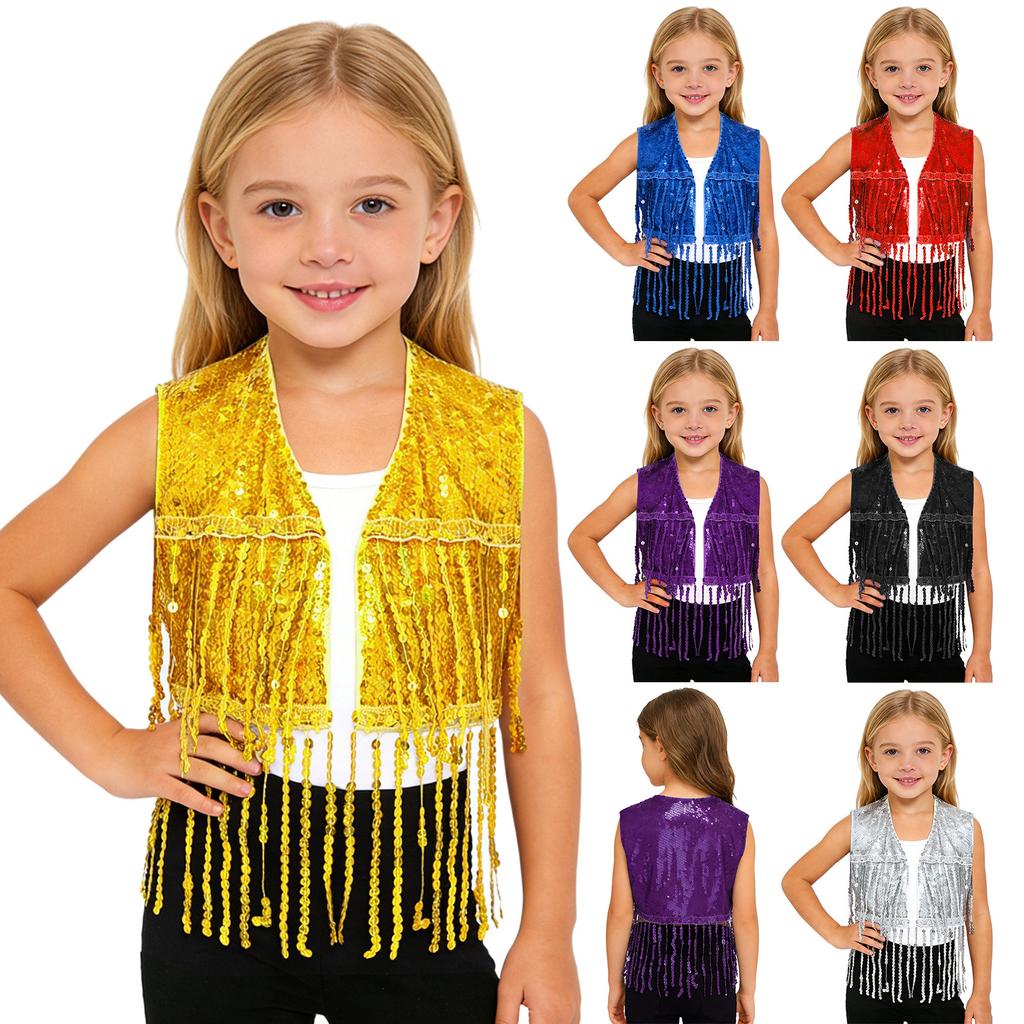 Sparkly Sequin Fringe Vest for Girls: Sleeveless Open Front Crop Top Waistcoat with Tassels, Perfect for Dance Recital & Show