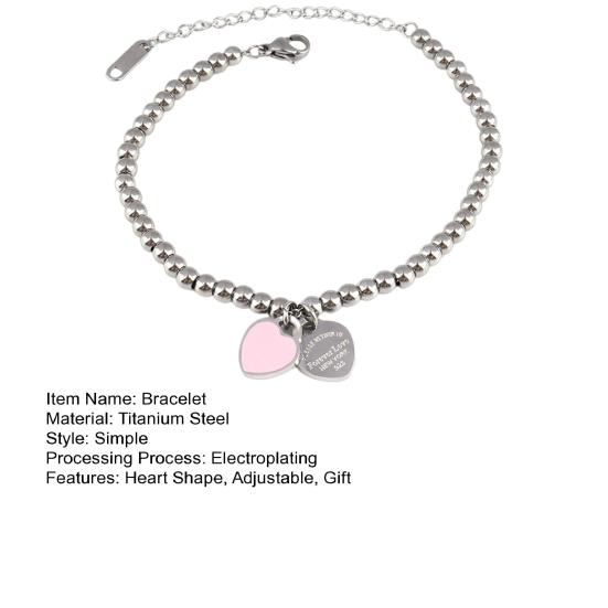 Women Beaded Enamel Bracelet Adjustable Length Heart Charm Titanium Steel Bracelet Stress Relief Happiness Meaningful Jewelry