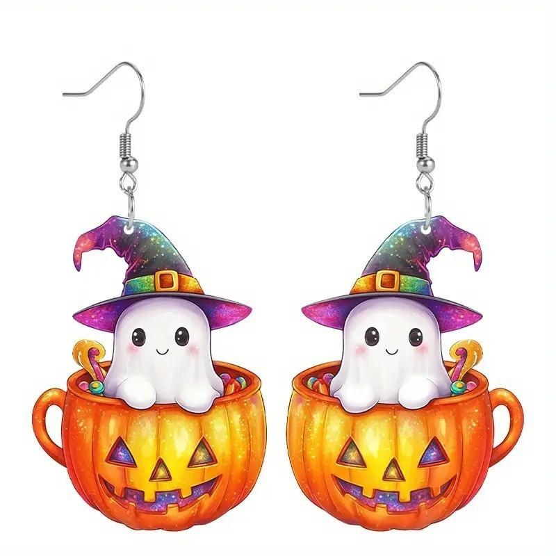 Halloween Themed Ghost Pumpkin Pot Pattern Women Acrylic Earrings Festival For