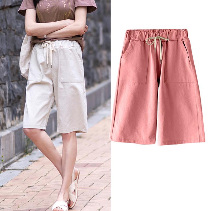 Новые модные шорты, женские летние легкие брюки с высокой талией, широкие брюки, повседневные брюки средней длины, прямые, большого размера, с эластичной талией, для женщин