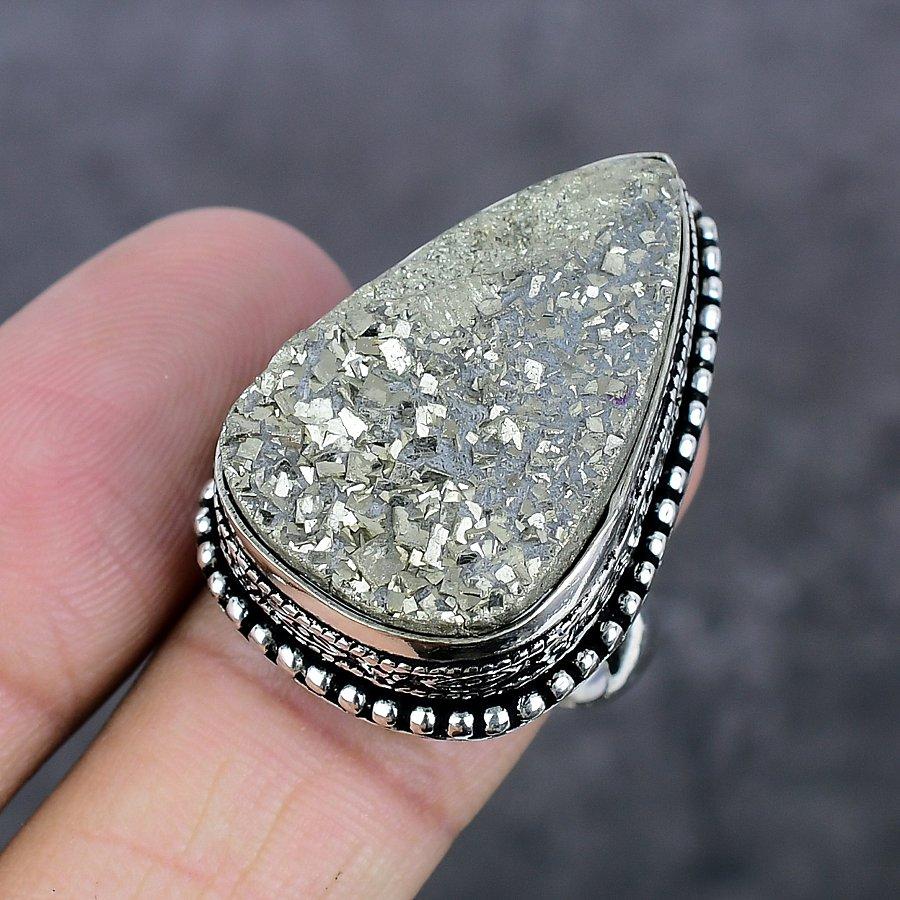 Пирит Друза Драгоценный камень Ручная работа 925 Стерлинговое серебро Ювелирное изделие Кольцо Размер 9 j4K24