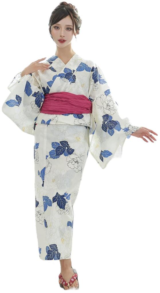 Yukata Layered Peony Heiko Thong Geta One Size Fits Most [RAVIR] Women's 3-piece Set, Flowers, Lovely, Kimono, Fluffy, Obi, Set, Blue,