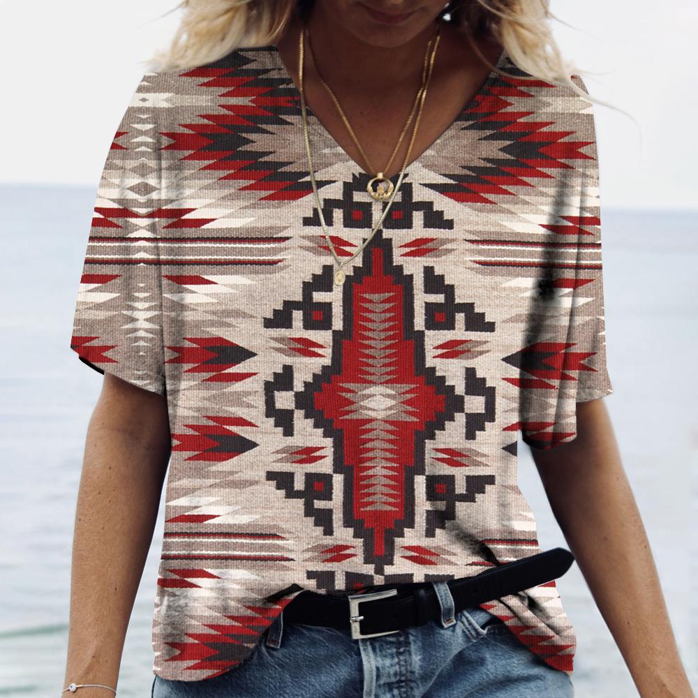 Летние футболки с 3D принтом в этническом стиле, женская модная винтажная уличная футболка с коротким рукавом и v-образным вырезом, футболки, топы, женская одежда