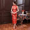 Women Summer Cheongsam Stand Collar Floral Print Hollow Out Split Hem Sleeveless Qipao Slim Fit Retro Chinese Style