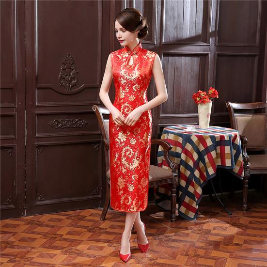 Women Summer Cheongsam Stand Collar Floral Print Hollow Out Split Hem Sleeveless Qipao Slim Fit Retro Chinese Style