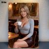 Ретро Кафе Блондинка с Кофе Металлическая Жестяная Вывеска Винтажное Алюминиевое Настенное Искусство Декор Высокое Разрешение Прочная Железная Пластина для Дома