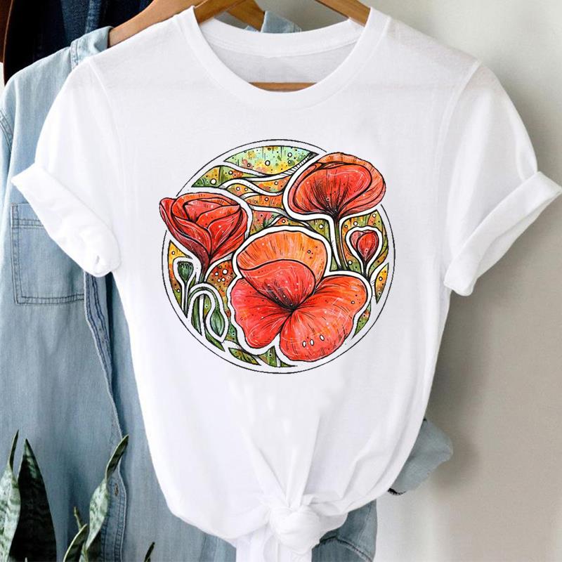 (Азиатский размер) Женская женская футболка с принтом, цветочный акварельный стиль, милая одежда 90-х годов, повседневная модная футболка с коротким рукавом, женские футболки с графикой